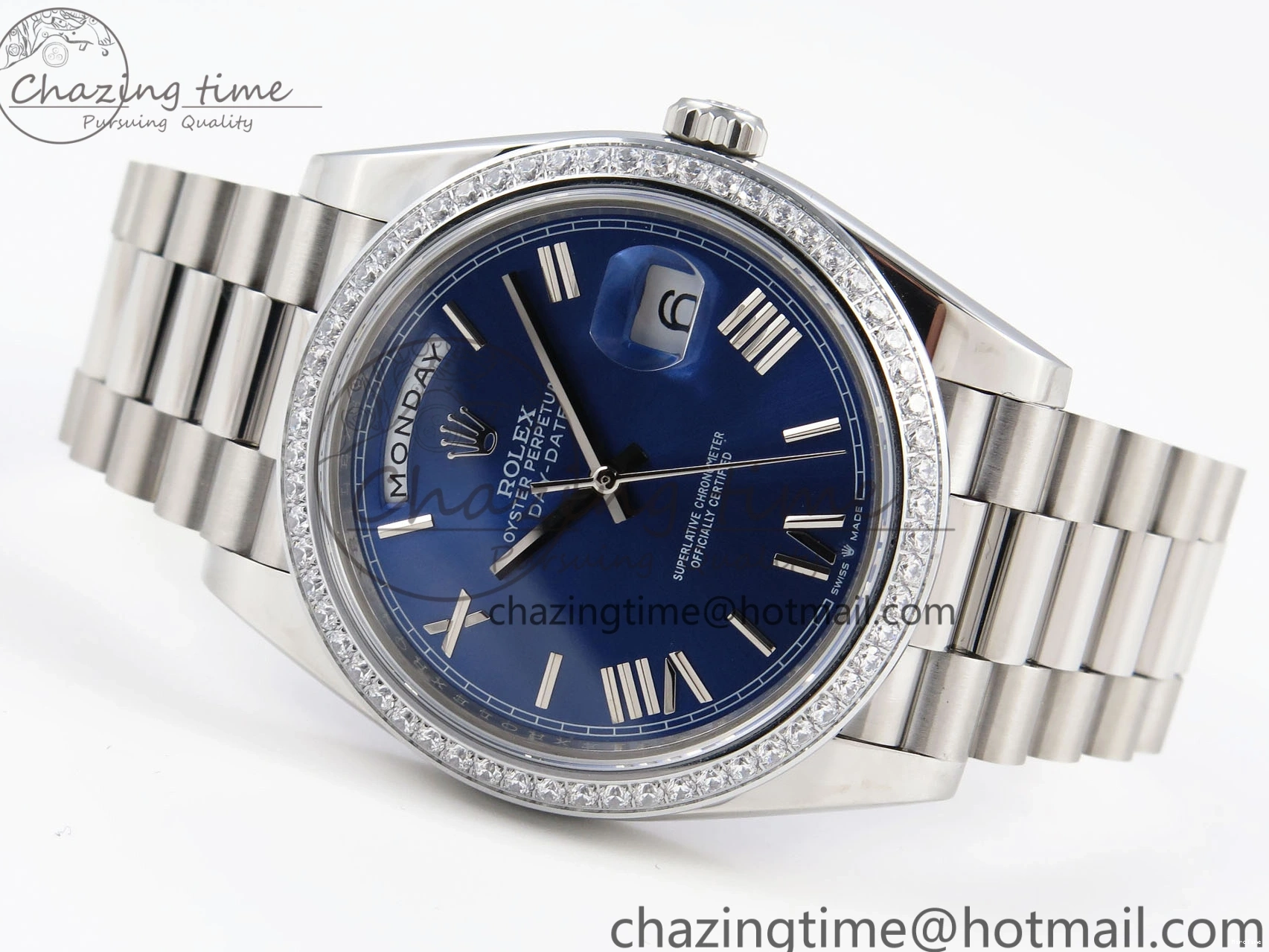 MiroTime 0426 QuickDry DayDate 40 SS GSF Gain Weight Blue Roman Dial Diamonds Bezel on President Bracelet A 1917
